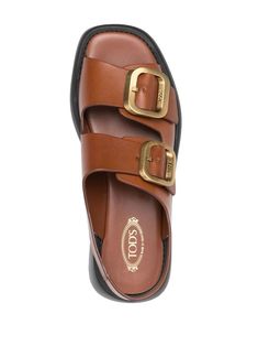 coffee brown leather double buckle fastening gold-tone hardware slingback strap branded leather insole square toe open toe chunky rubber sole Sandals Brown, Brown Leather Sandals, Coffee Brown, Leather Sandals, Open Toe, Rubber Sole, Brown Leather, Fashion Branding, Buckle