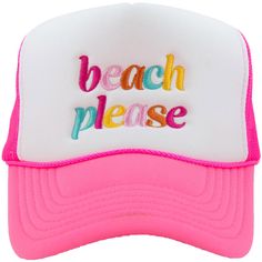 Dive into beach vibes with our beach please foam trucker hat! Featuring the playful and colorful italics "beach please" on a trendy foam hat, this accessory is the epitome of beachside chic. Foam hats are riding the wave of trendiness, making this hat a must-have for any fashion-forward collection. Crafted for those seeking a splash of style, this foam trucker hat is the ideal choice for beachgoers and trendsetters alike. Whether lounging under the sun or strolling the boardwalk, its foam constr Cheap Beach Hats With Embroidered Logo, Cheap Pink Trucker Hat For Beach, White Baseball Cap For Beach Season, White Letter Print Trucker Hat For Vacation, White Trucker Hat With Letter Print For Vacation, Pink Summer Trucker Hat For Beach, Pink Summer Trucker Hat For Beach Season, Fun White Trucker Hat For Beach Season, White Letter Print Hat For The Beach