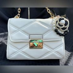 This Bag Is Gorgeous. It Comes With An Unbranded Flower Purse Charm. Nwt Bundle And Save Reasonable Offers Considered White Crossbody Evening Bag, Luxury White Square Bag, Luxury White Square Bags, White Crossbody Evening Bag With Detachable Handle, White Satchel Evening Bag With Detachable Strap, Designer Square Clutch For Everyday Use, Luxury White Bags With Chain Strap, Trendy White Satchel Evening Bag, Designer White Evening Bag For Daily Use