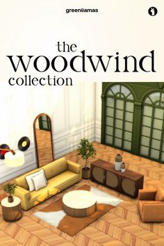 the woodwind collection by greenlams is featured in this image, with furniture and mirrors