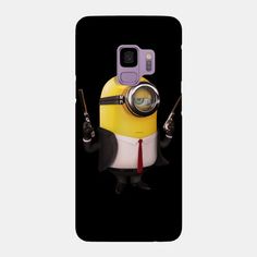 a phone case with a minion holding a magnifying glass