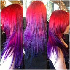 This is actually almost exactly what I'm planning on! just a little more purple going a little higher Red And Purple Hair, Red Purple Hair, Hair Color Red Ombre, Red Violet Hair, Ombre Nail Art, Sunset Hair, Red Ombre Hair, Brown Ombre Hair