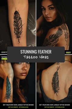 the back of a woman's arm with tattoos on it and an image of a feather