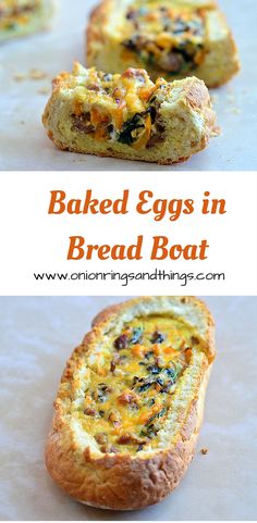 baked eggs in bread boat with cheese and spinach toppings on the top, and bottom