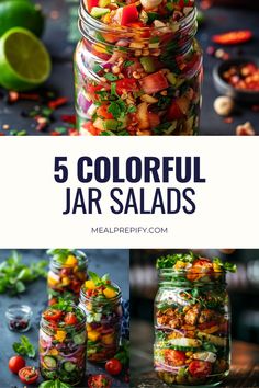 colorful jar salads with text overlay that reads, 5 colorful jar salads