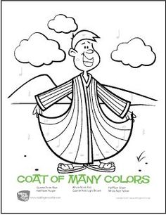 a coloring page with an image of a man standing in front of clouds and the words coat of many colors