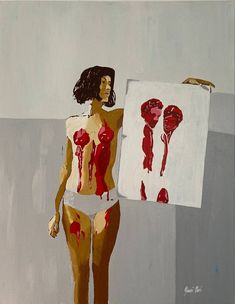 a painting of a woman holding a piece of paper with blood dripping on her body