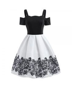 Contrast Cold Shoulder A Line Vintage Dress White Vintage Dress, Cute Prom Dresses, Black And White Dress, فستان سهرة, Patchwork Dress, Teen Fashion Outfits, Fancy Dresses, Teen Fashion, Pretty Dresses