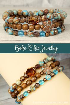 This boho chic bracelet set is made to compliment each other. Made with 3 different elements - gemstones, Czech glass and wood. #bohobracelets #bohemianbracelet #bohojewelry #bohochic #stackingbracelet #bohobraceletforwomen #bohemianstylejewelry #beadedbracelets #naturejewelry Bohemian Brown Stretch Bracelet With Spacer Beads, Bohemian Brown Stackable Bracelets, River Jewelry, Different Elements, Boho Chic Bracelets, Bohemian Style Jewelry, Wire Bracelets, Stacking Bracelets, Chic Bracelet