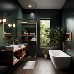 a bath room with a tub a sink and a window