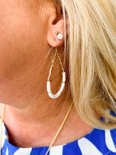 Grab a pair of simple dangles to match with your top and perfect your look! Dangling Earrings Gold, White Pineapple, Dangling Earrings, Shell Beads, Earrings Gold, Gold Earrings