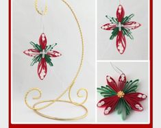 three pictures of christmas decorations made out of paper and gold wire, including a red flower with green leaves