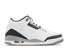 The Air Jordan 3 Retro "Cement Grey" is a classic colorway that pays homage to one of the most iconic designs in the Air Jordan lineup. The sneaker features a mix of premium materials, with the upper primarily made of white tumbled leather, complemented by the signature "Cement Grey" elephant print overlays on the toe cap and heel, which give the shoe its distinctive look. The midsole is a combination of black and white, adding contrast to the design, while the outsole is finished in a light gre Georgia Bulldog Shoes, Jordan Football Cleats, Ohio State Shoes, Travis Scott Jordan 1, Jordan 4’s, Grey Jordans, Jordan Retro 3, Jordan Yeezy, Nike Foamposite