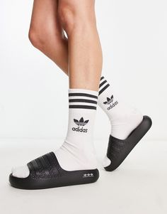 Shoes by adidas Originals Ready, set, summer Slip-on style Wide strap Open toe Chunky sole Adidas Adilette, White Flats, Wide Straps, Flat Sandals, Adidas Women, Sliders, Adidas Originals, Black Fashion, Open Toe