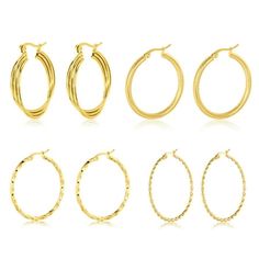 This stunning collection of hoop earrings offers a variety of textures and styles, each designed to add a touch of elegance and sophistication to any ensemble. Featuring six pairs of hoops, this set includes options ranging from sleek, smooth finishes to intricately textured patterns and twisted designs, providing versatility and style for every occasion. The vibrant yellow tone of each pair enhances their visual appeal, making them a perfect match for both casual and formal outfits. Each hoop i Yellow Tone, Formal Outfits, Hoop Earring Sets, Yellow Tones, Earrings Set, Perfect Match, Earring Set, Thoughtful Gifts, Womens Watches