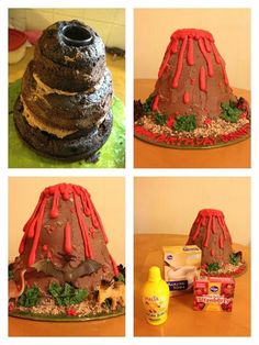 four different pictures of a chocolate cake with red icing and decorations on the top