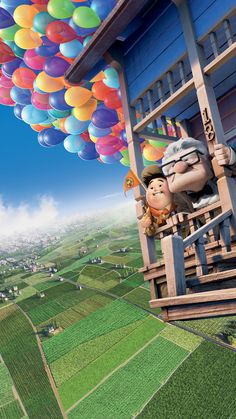 an animated image of a man flying in the air with balloons