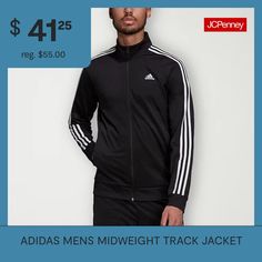 This adidas men's midweight track jacket is a lounging and workout essential. Crafted from tricot, this classic-fit jacket features the brand's signature striped design and has a mock neck, zip closure, and side pockets. Style with jogger pants or workout shorts. Closure Type: ZipperFit: Classic FitNeckline: Mock NeckPockets: 2 Side Slip PocketsSleeve Length: Long SleeveWarmth Factor: MidweightOuterwear Length: MidFiber Content: 100% PolyesterFabric Description: TricotCoat Style: Track JacketsC… Adidas Functional Track Jacket For Sports, Adidas Moisture-wicking Track Jacket, Adidas Moisture-wicking Sportswear Track Jacket, Adidas Training Track Jacket, Adidas Moisture-wicking Track Jacket For Training, Adidas Casual Track Jacket For Training, Adidas Fall Track Jacket For Sports, Adidas Fall Sports Track Jacket, Athleisure Track Jacket With Three Stripes For Training