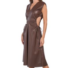 -Grained Finish, Cut Out Sides With Tie Details -Sleeveless, V-Neck, Midi Dress -45in Long, Taken From Size S -Back Zip And Hook Closure -Polyurethane/Polyester -Machine Wash Chic Brown Sleeveless V-neck Dress, Chic Brown V-neck Sleeveless Dress, Elegant Brown Sleeveless V-neck Dress, Elegant Brown V-neck Sleeveless Dress, Leather Shirt Dress, Long Tunic Dress, Brown Maxi Dresses, Boho Midi Dress, Black Strapless Dress