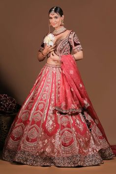 Crimson red flared banarasi silk kalidar lehenga with Mughal garden embroidery using zari thread, sequin and beads highlights. Paired with a heavily zari, sequin embroidered flattering sweetheart neck velvet maroon blouse and a floral embroidered cutwork border tissue organza dupatta. - Aza Fashions Mughal Garden, Lehenga Pattern, Velvet Embroidery, Garden Embroidery, Red Flare, Maroon Blouse, Red Blouse, Organza Dupatta, Crimson Red