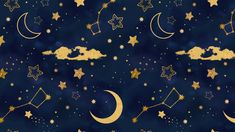 stars and clouds in the night sky with gold glitter paint on them, as well as crescents and stars