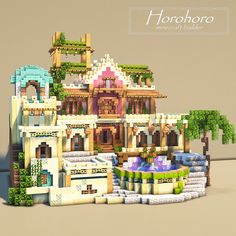 an artistic rendering of a house made out of lego blocks and trees, with the text horboroo above it