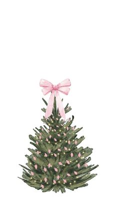 a watercolor painting of a christmas tree with pink bows