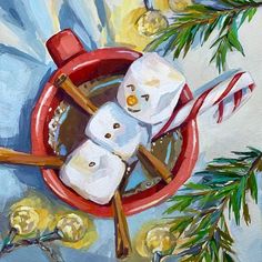 a painting of two marshmallows in a red bowl with candy canes