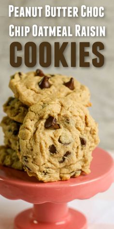 peanut butter choc chip oatmeal raisin cookies on a red plate