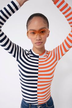 Our basic fitted sweater, the most classic of all classics, the long sleeve crew neck has arrived in new stripes! Available in many other colors, stripes, patterns and yarns. Machine washable. Content: 59% lyocell, 17% cotton, 15% recycled lycra, 9% silk. Model is 5'9" and wears XS. View our size chart, shipping and returns policy here. Fitted Sweater, Size Chart, Stripes, Yarn, Crew Neck, Silk, Wardrobe, Long Sleeve, Pattern