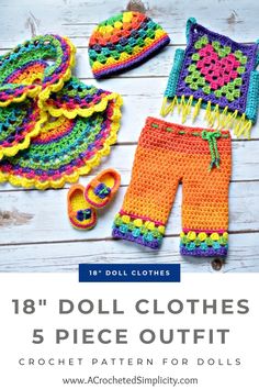 Learn to make this boho crochet 5 piece outfit for an 18” doll with less than one cake of Lion Brand Mandala Yarn! This crochet doll clothes pattern includes a crochet granny stitch top, pants, vest, hat, and shoes. Crochet 18" Doll Clothes & Accessories. #dollclothes #crochetdolloutfit #crochetdollshoes #crochetdollsweater #crochetdollhat #18inchdollclothespattern Granny Stitch Top, Lion Brand Mandala Yarn, Crochet Granny Stitch, Crochet Doll Clothes Patterns, Mandala Yarn, Bolero Pattern, Quick Crochet Projects, Granny Stitch, Shoes Crochet