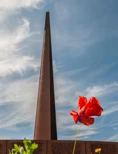 a tall obelisk with a red flower in the foreground and clouds in the background