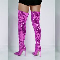 Step into the realm of elegance and allure with our Handmade Metallic Over-The-Knee Boots. Each pair is meticulously crafted. a symphony of artistry that celebrates uniqueness. Available in a size range from US5 to US15 or EU35 to EU46. these boots effortlessly cater to your individual fit.These boots are a tribute to the artisans' skill. handcrafted with precision. Devoid of platforms. they exude a refined grace that perfectly complements your style. The synthetic upper material guarantees both Modern Boots, Zipper Fashion, Zippers Fashion, Ladies Boots, Thigh Boot, Super High Heels, Zipper Boots, Boot Types, Pointed Toe Heels