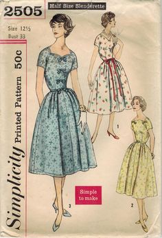 1950s Simplicity 2505 Vintage Sewing Pattern by midvalecottage Retro Vintage Dress With Fitted Bodice, Tea Length, 1950s Vintage Pattern Dress For Vintage Fashion, Vintage Dress With Box Pleat For Vintage Fashion, 1950s Style Dresses With Vintage Pattern And Short Sleeves, Vintage Dresses With Box Pleat, Fitted Dress With Vintage Pattern For Vintage Events, 1950s Style Vintage Pattern Day Dress, Retro Vintage Dress With Fitted Bodice, Retro Fitted Sewing Pattern For Dressmaking