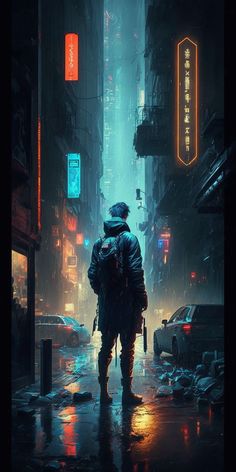 a man walking down a city street in the rain with his back to the camera