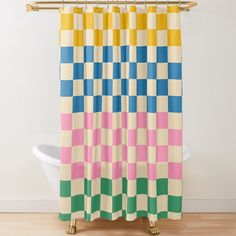 a shower curtain with colorful squares on it