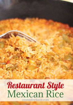 mexican rice in a skillet with a serving spoon on the side and text overlay that reads restaurant style mexican rice