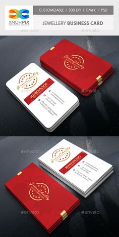 three different business cards with gold and red accents