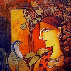 a painting of a woman with two birds in front of her and another bird on the other side