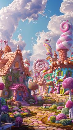 a painting of a candy land with lots of colorful candies and houses in the background