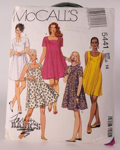 three women's dresses and one woman's dress are shown in this sewing pattern