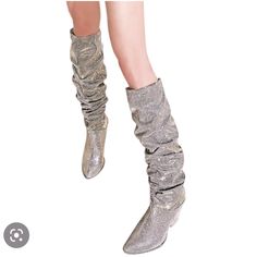 Brand New Metallic Silver/Gold Boots That Go To The Knee . Super Cute With Almost Anything Silky Inside Size 6 Silver Strappy Sandals, Stuart Weitzman Wedges, Velvet High Heels, Formal Heels, Gold Boots, Metallic Boots, Stuart Weitzman Heels, Stuart Weitzman Boots, Wrap Boots