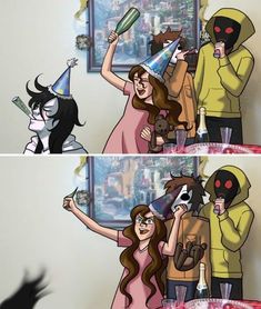 two pictures of people in party hats and masks