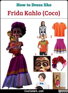 the costume is designed to look like frida kahlo coco from day of the dead