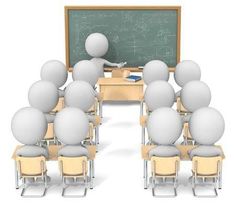 a group of people sitting at desks in front of a chalkboard