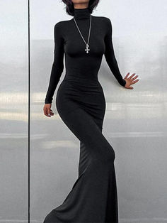 Solid Mock Neck Long Sleeve Slim Maxi Dress - AnotherChill High Neck Maxi Dress, Grey Maxi Dress, Mock Neck Long Sleeve, Maxi Robes, Street Look, Slim Fit Dresses, Long Sleeve Bodycon, Look Plus, Solid Dress