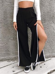 Fashion Black Split Casual Pants ACTIVE WEAR - Zebrant Active Wear Fashion, Styling Wide Leg Pants, Casual Punk, Style Wide Leg Pants, Looks Black, Fashion Black, Wide Pants, Petite Outfits, High Waisted Pants