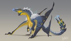 an image of a cartoon character that is looking like a dragon with yellow and blue wings