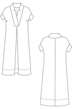 the front and back views of a women's dress sewing pattern, with an open collar