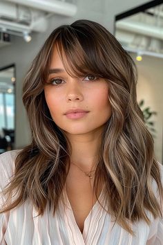 25 Stunning Medium-Length Hairstyles with Side Bangs You’ll Want to Try Today Medium Length Haircut Brown Highlights, Haircuts With A Side Part, Hair Side Part Hairstyles, Side Bangs For Medium Length Hair, Brunette Haircut With Bangs, Bridesmaids Hairstyles With Bangs, Medium Length Hair Side Bangs, Side Bangs For Square Face, Side Sweep Bangs Short Hair